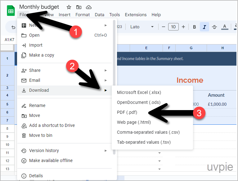 File Download PDF spreadsheet menu