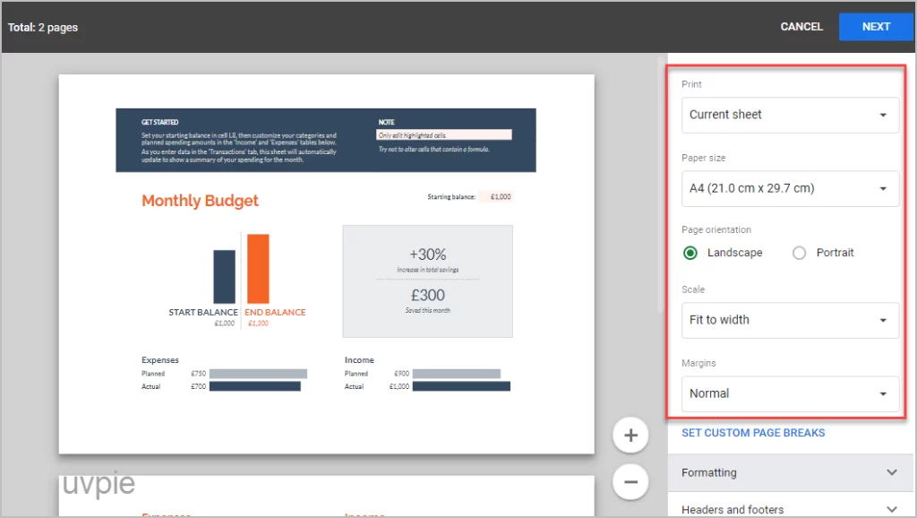 Page Orientation scale and Margins