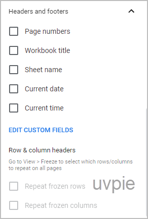 Spreadsheet header and footer options